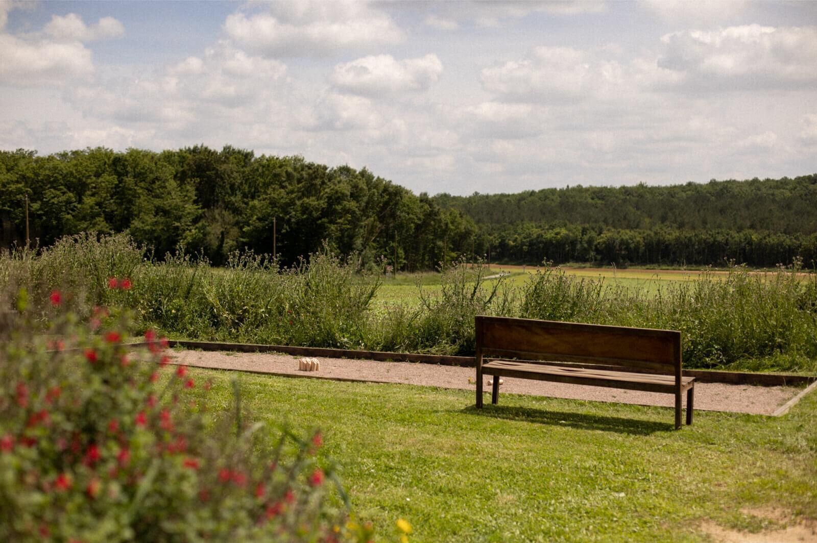 A bench in a park with a grassy area, a dirt path, and a forested hill in the background.