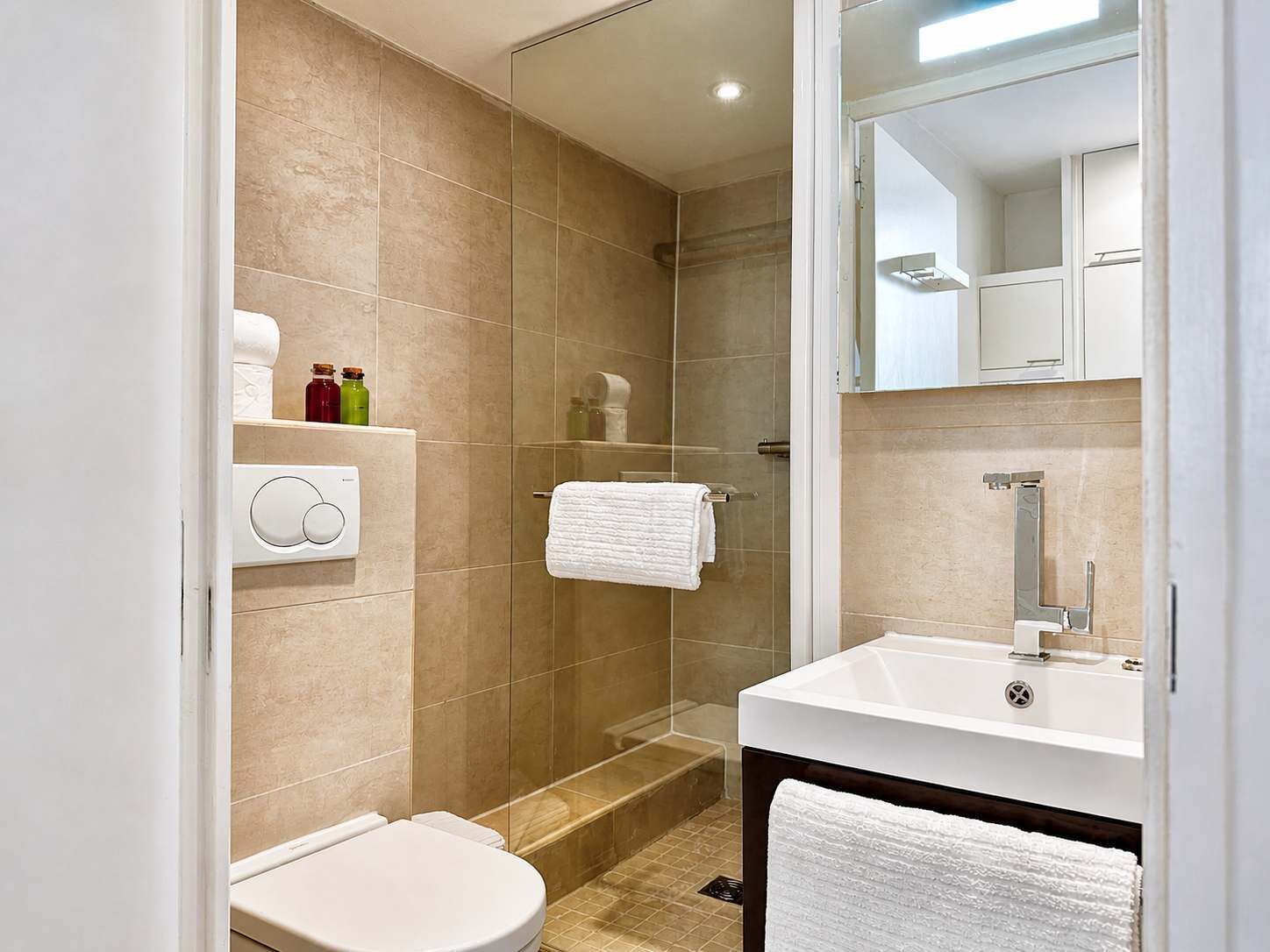 Regadera, amenidades de baño ecológicas, secadora de cabello, toallas 