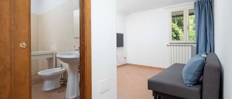A room with a bathroom containing a bidet and a sink, a grey sofa with a blue pillow, and a window with curtains.