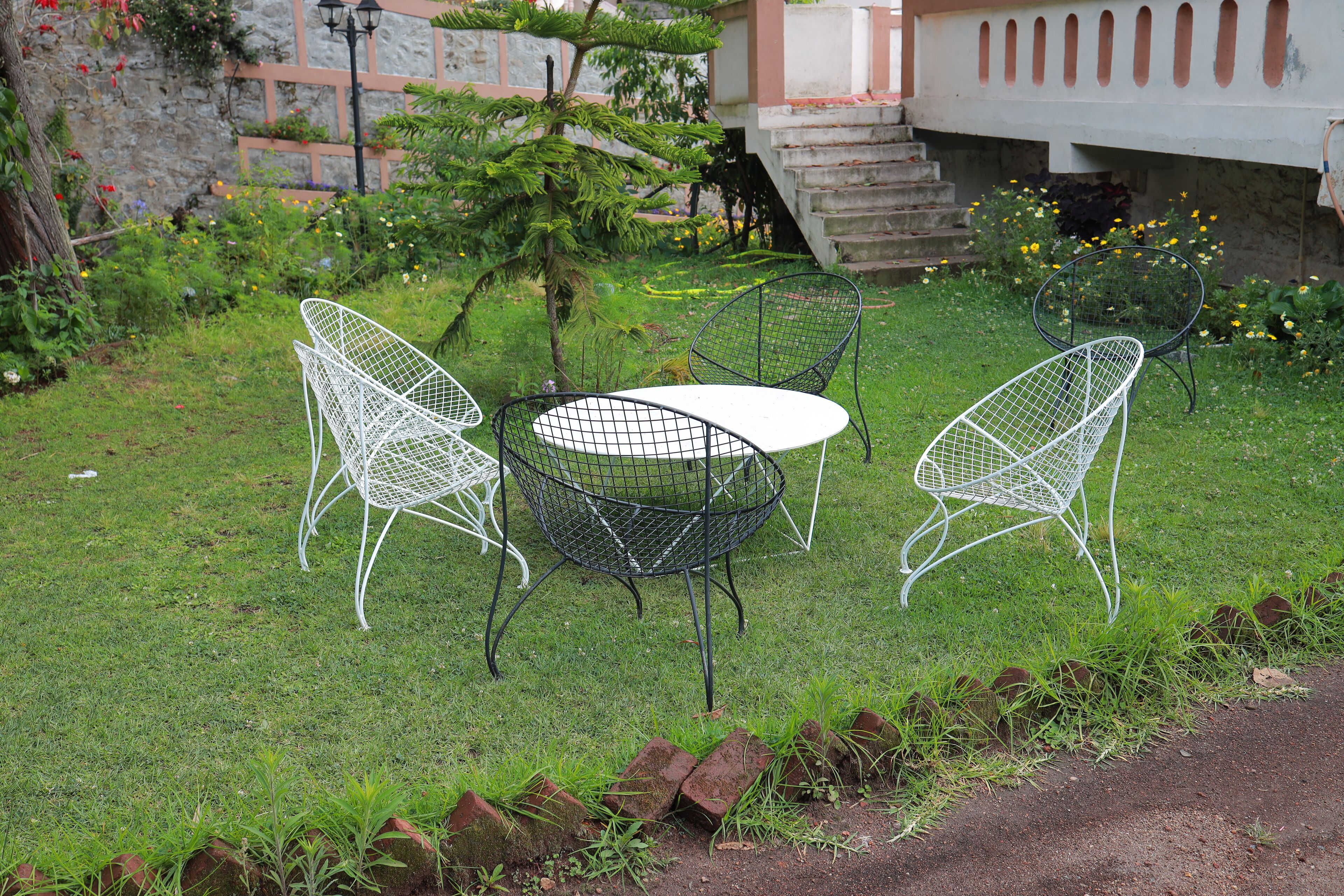 An outdoor seating area with a table and two chairs, surrounded by a garden with grass, plants, and a small tree.