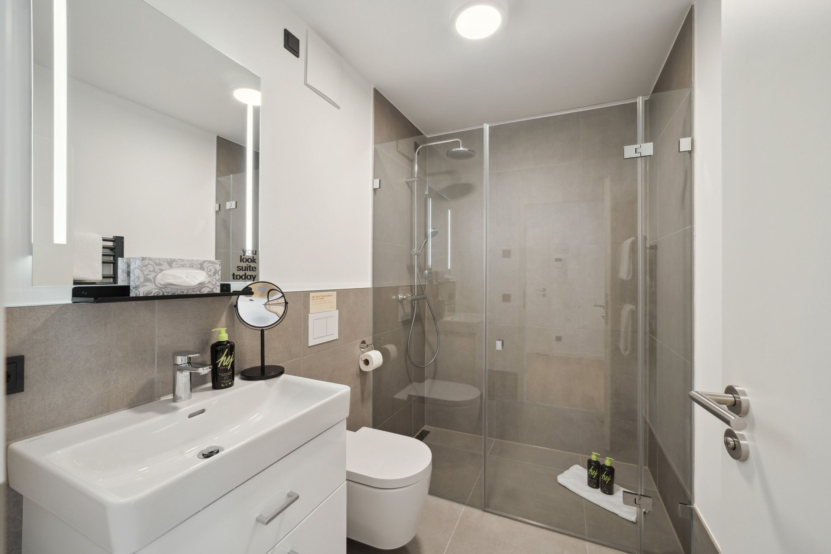 Ein modernes Badezimmer mit einer Duschkabine aus Glas, einem weißen Waschbecken und einer Toilette.