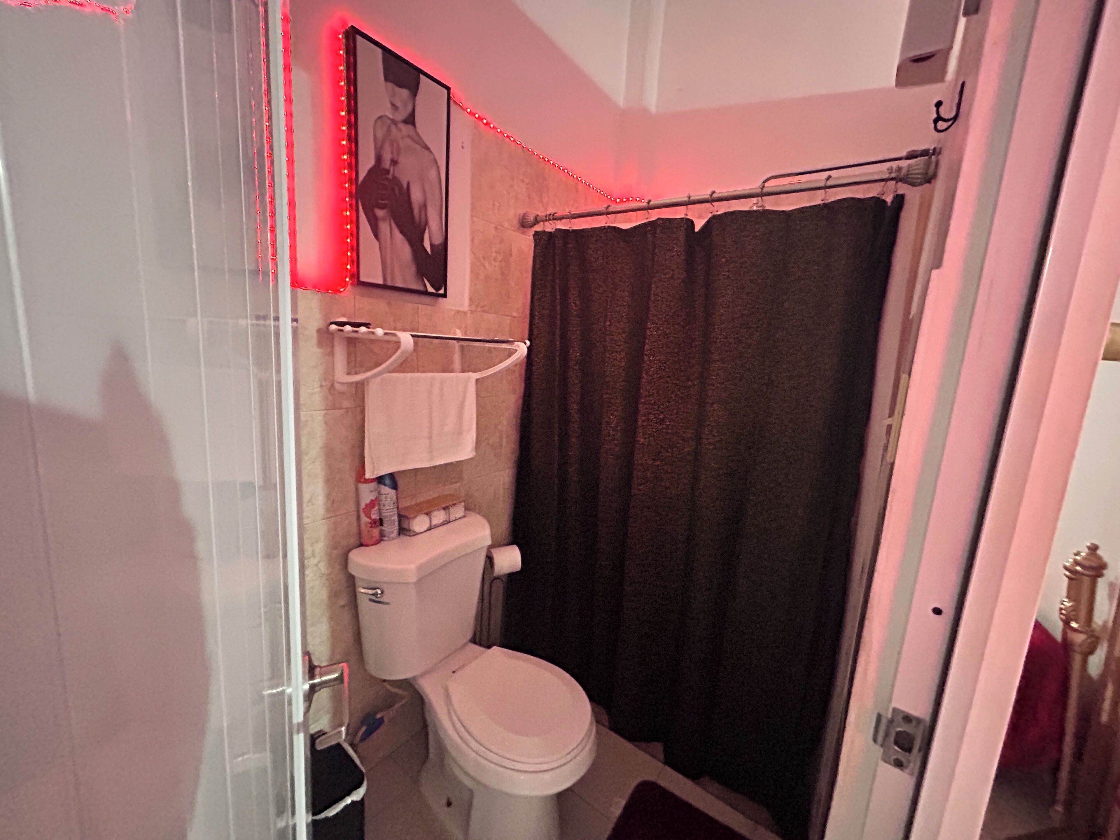 Regadera, toallas, jabón, shampoo 