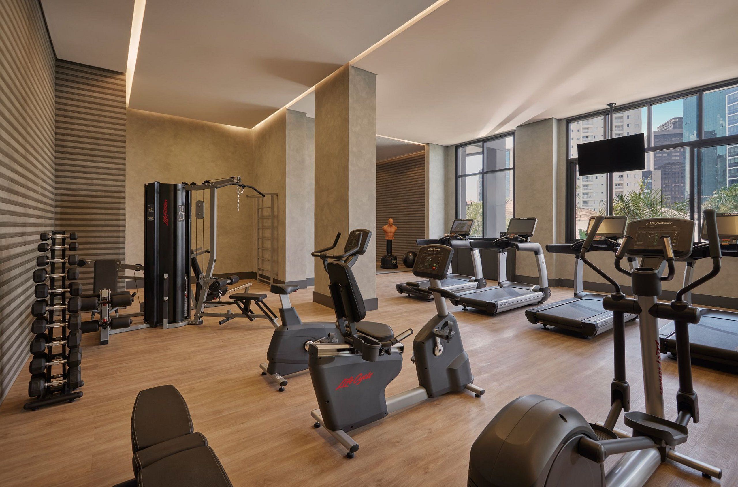 Une salle de sport moderne équipée de divers appareils d’exercice, dotée de grandes fenêtres et d’un téléviseur à écran plat.