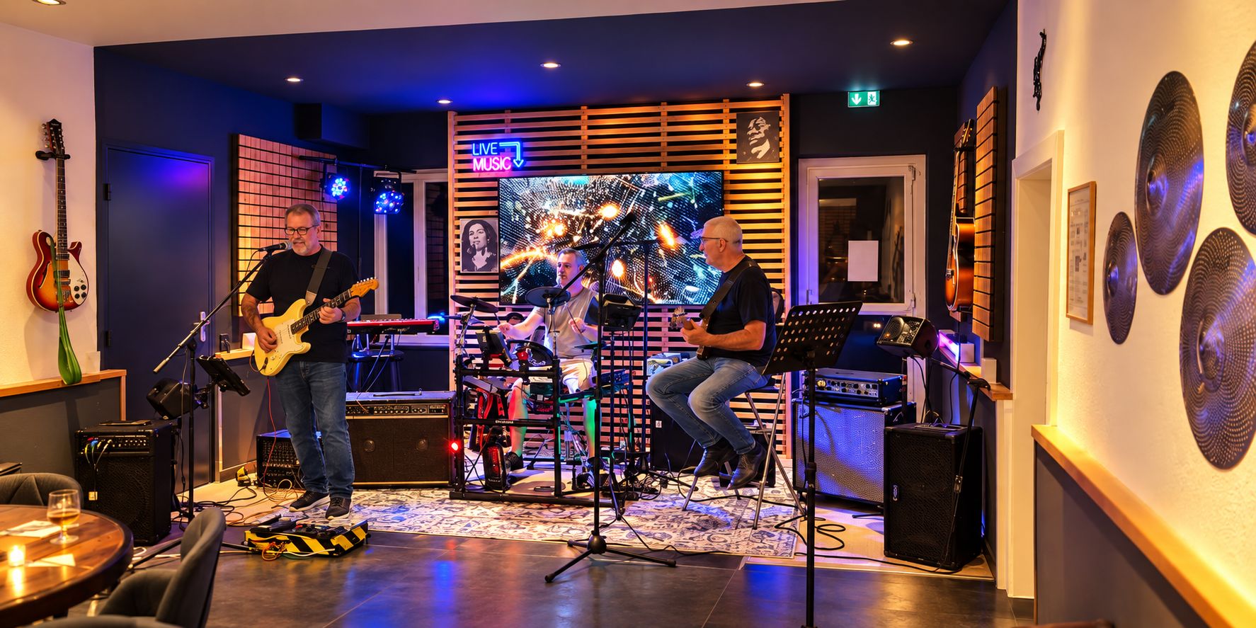 A live music performance in a room with a stage, musical instruments, and a large screen displaying a music video.