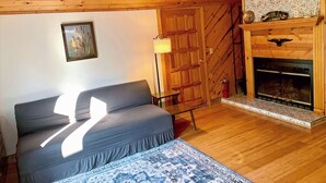 A cozy room with a wooden ceiling, a sofa, a patterned rug, a fireplace, and a door with a patterned wall.
