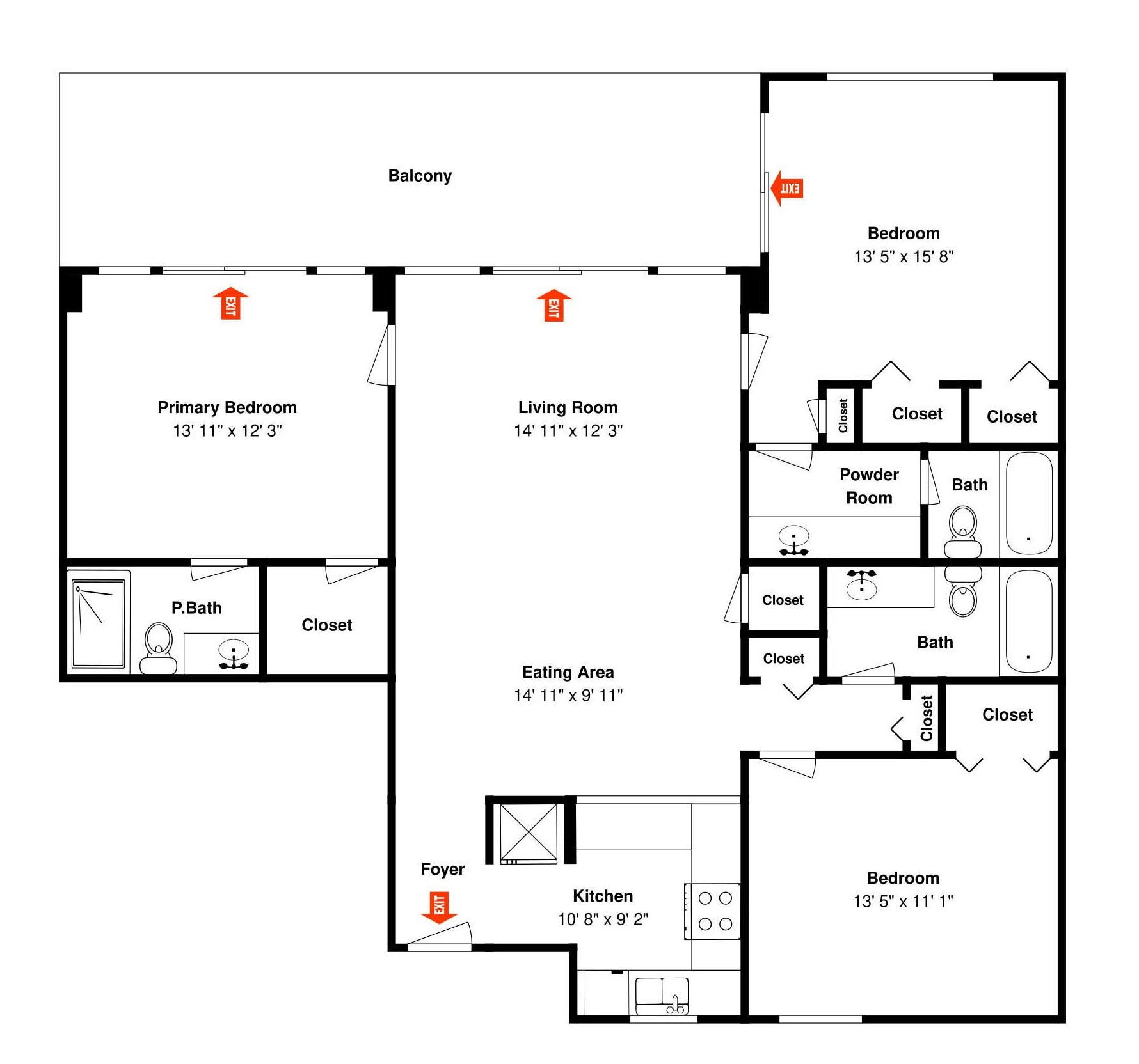 A floor plan of a hotel with a balcony, primary bedroom, living room, eating area, kitchen, powder room, and two bathrooms.