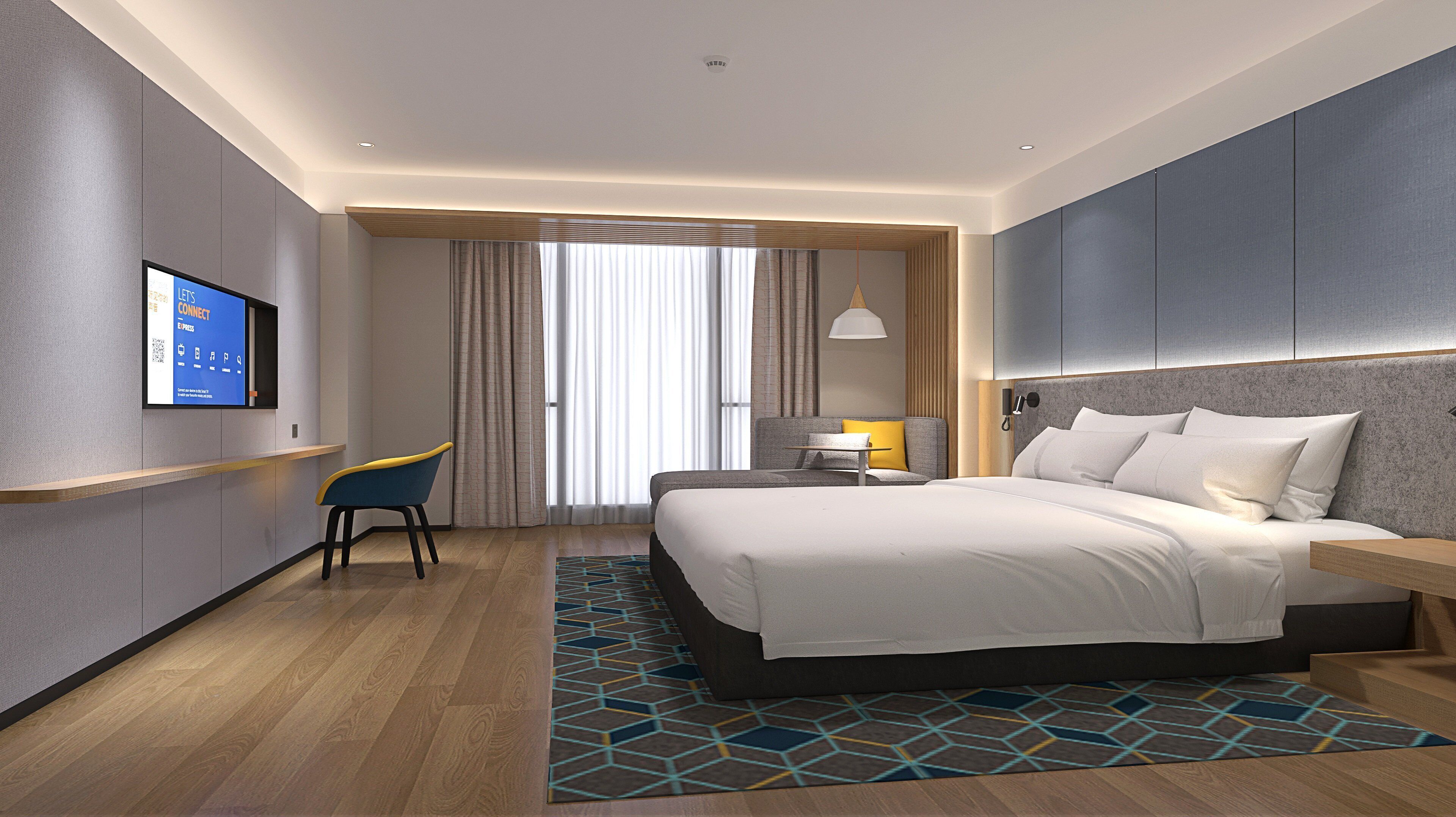 Una habitación de hotel moderna con una cama grande, un escritorio y un televisor en la pared.