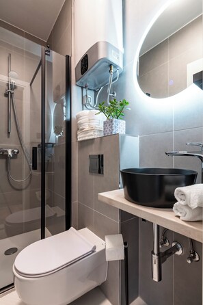 Shower, hair dryer, towels, soap