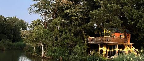 A wooden houseboat with a deck and railing, surrounded by dense greenery and a calm body of water.