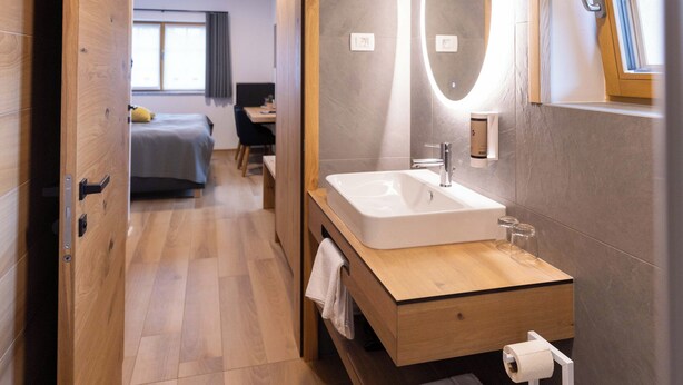 A modern bathroom with a wooden vanity, a large mirror, and a shower area. - Hotel Vila Loka (Skofja Loka)