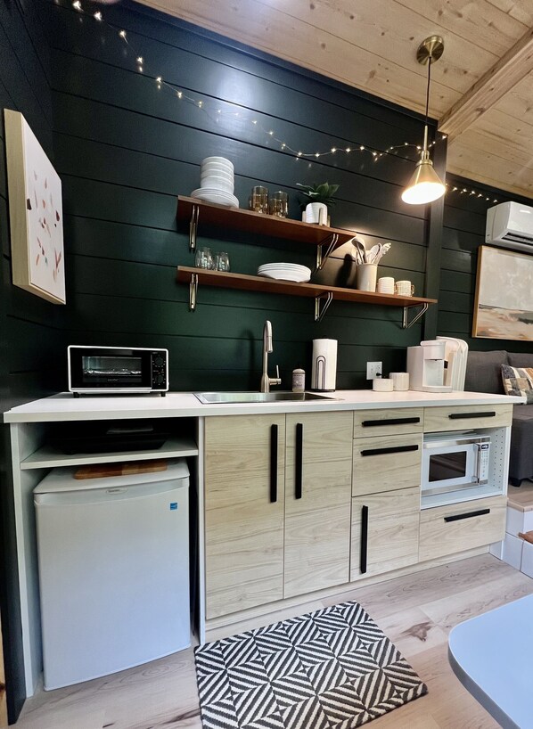 A modern kitchen with a white countertop, wooden cabinets, a built-in microwave, and a hanging light fixture. - Dahlia Tiny House by the Lake (Logan)