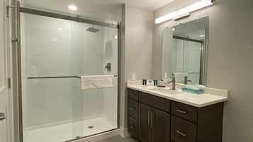 Shower, towels, soap, shampoo