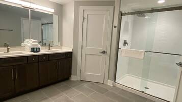 Shower, towels, soap, shampoo