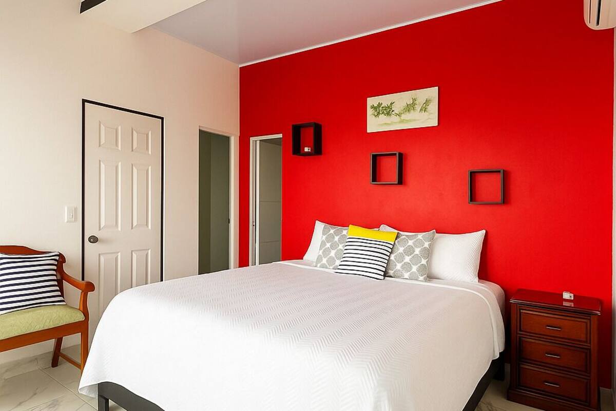 Hypo-allergenic bedding, desk, laptop workspace, iron/ironing board