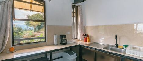 Una cocina compacta con ventana, cafetera y pileta.
