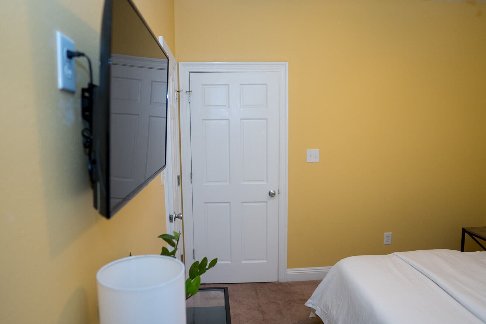 A room with a bed, a door, a wall-mounted TV, and a plant.