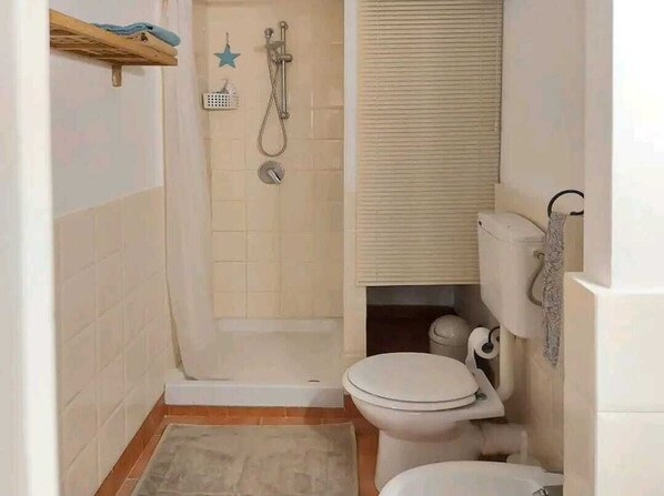 Un baño pequeño con ducha, inodoro y toallero.