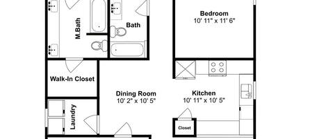 A floor plan with a master bedroom, two smaller bedrooms, a bathroom, a walk-in closet, a dining room, a kitchen, a living room, a garage, and a patio.
