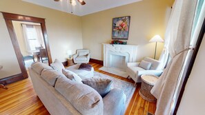 TV, DVD player, books, video library