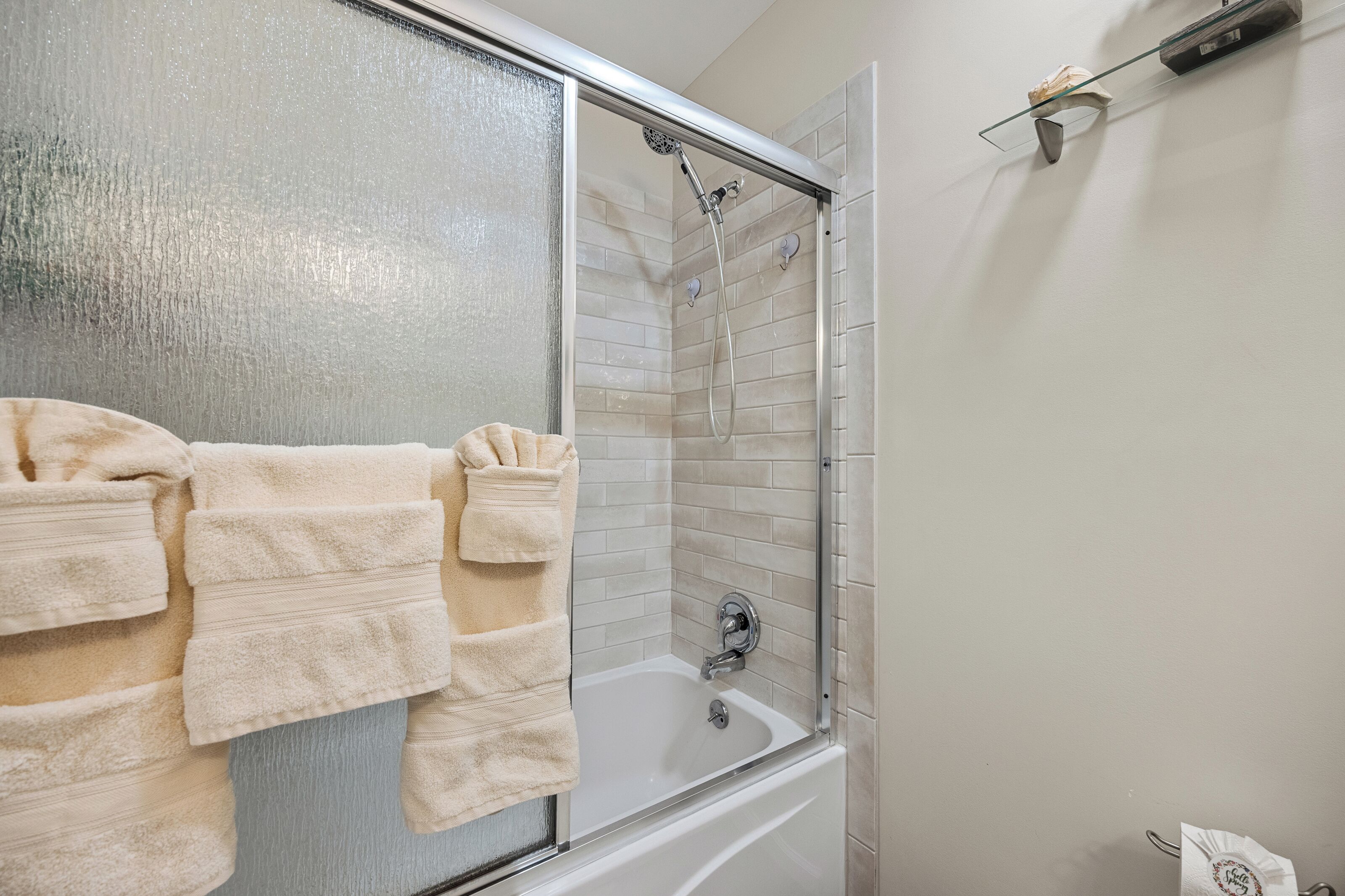 Hair dryer, towels, soap, shampoo