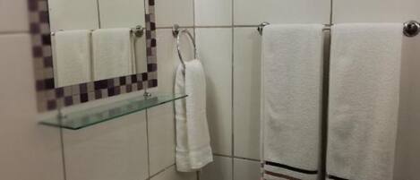 Douche, serviettes fournies, savon, papier de toilette