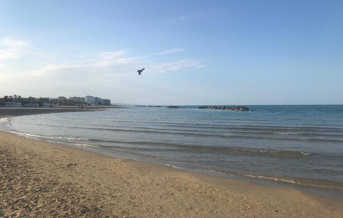 A beach with calm waters, a sandy shore, and a distant rocky outcrop.