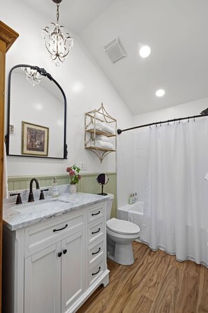 Bathtub, hair dryer, towels, soap