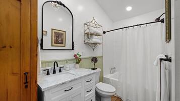 Bathtub, hair dryer, towels, soap