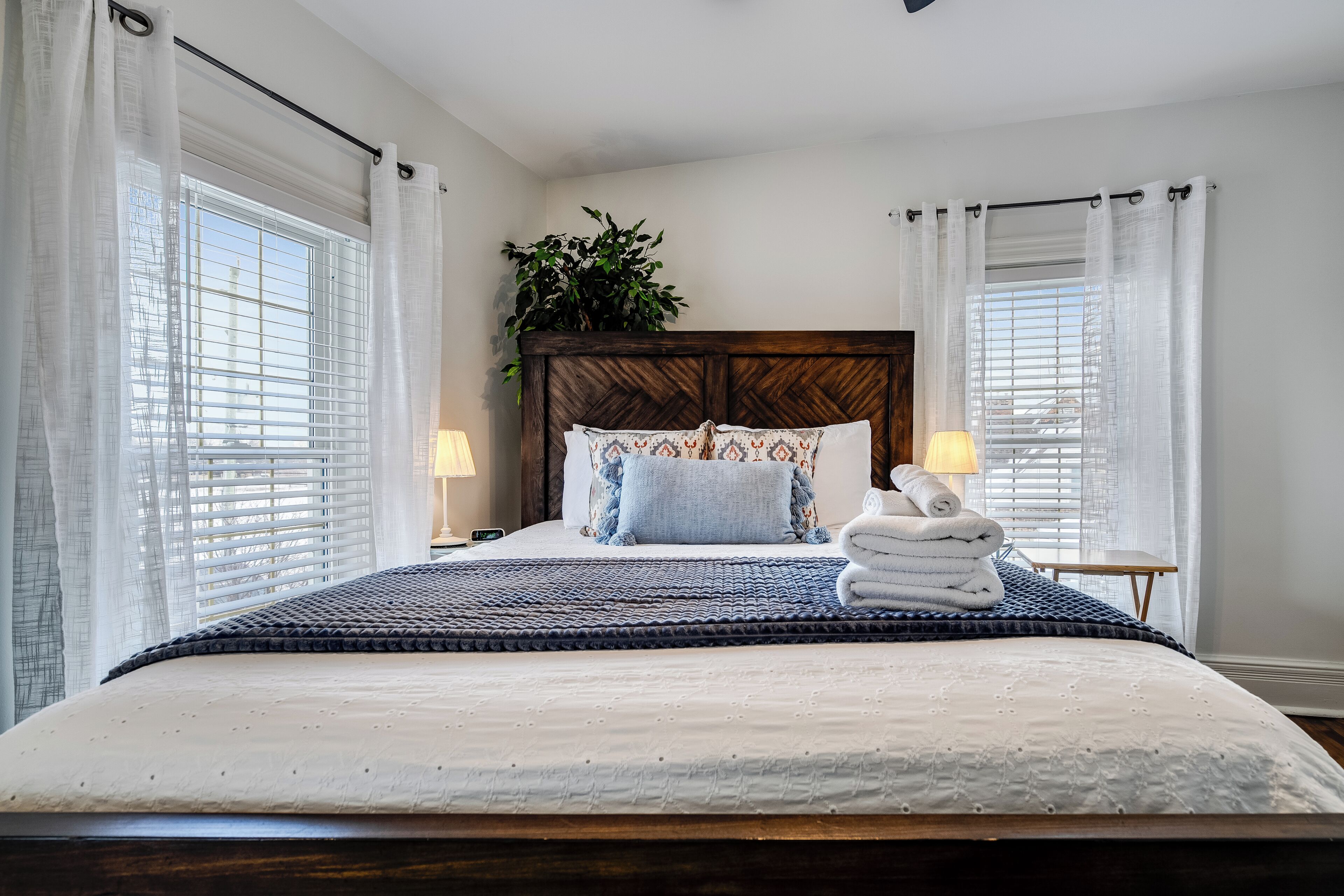 Una cama bien tendida con una colcha azul y blanca, un cabecero de madera y una planta sobre el cabecero.