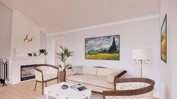 Smart TV, chimenea, videojuegos y estéreo