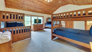 A room with bunk beds, a wooden ceiling, a ceiling fan, a dresser, and a window. - Slaty Fork Home ~ 6 Mi to Snowshoe Mountain Resort (Slaty Fork)