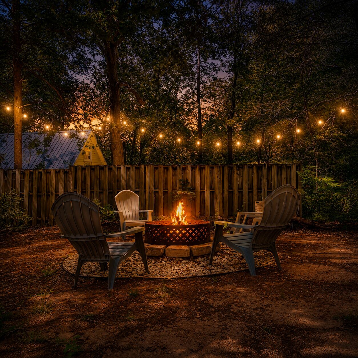 A fire pit with chairs, surrounded by a wooden fence and string lights.