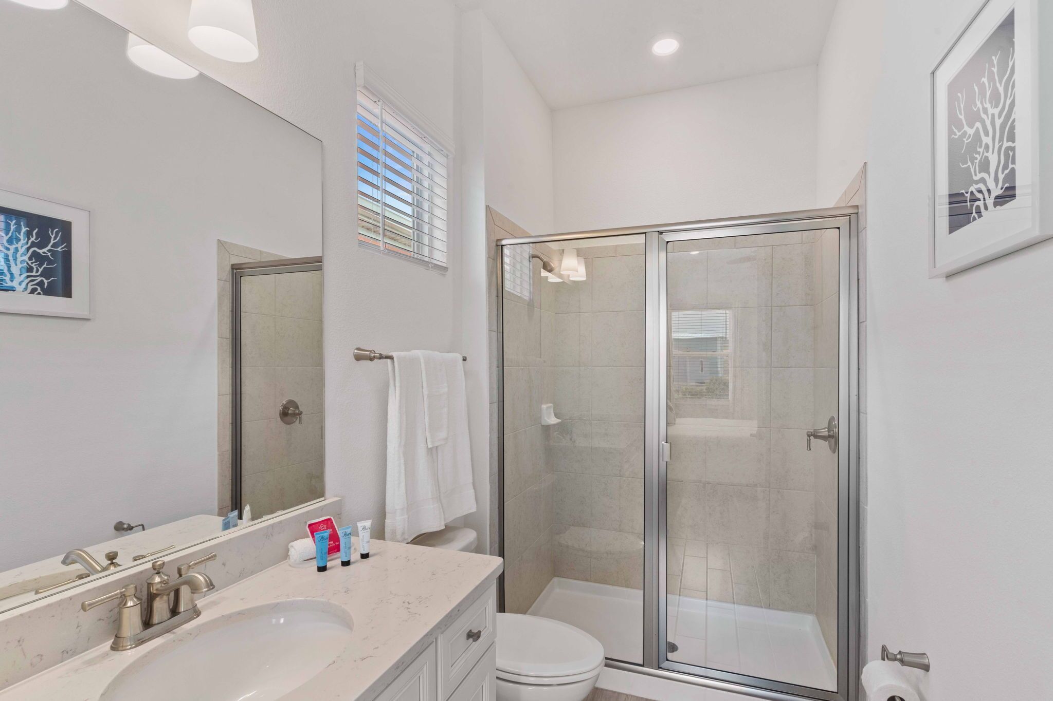 A modern bathroom with a glass-enclosed shower, a large mirror, and a white sink.