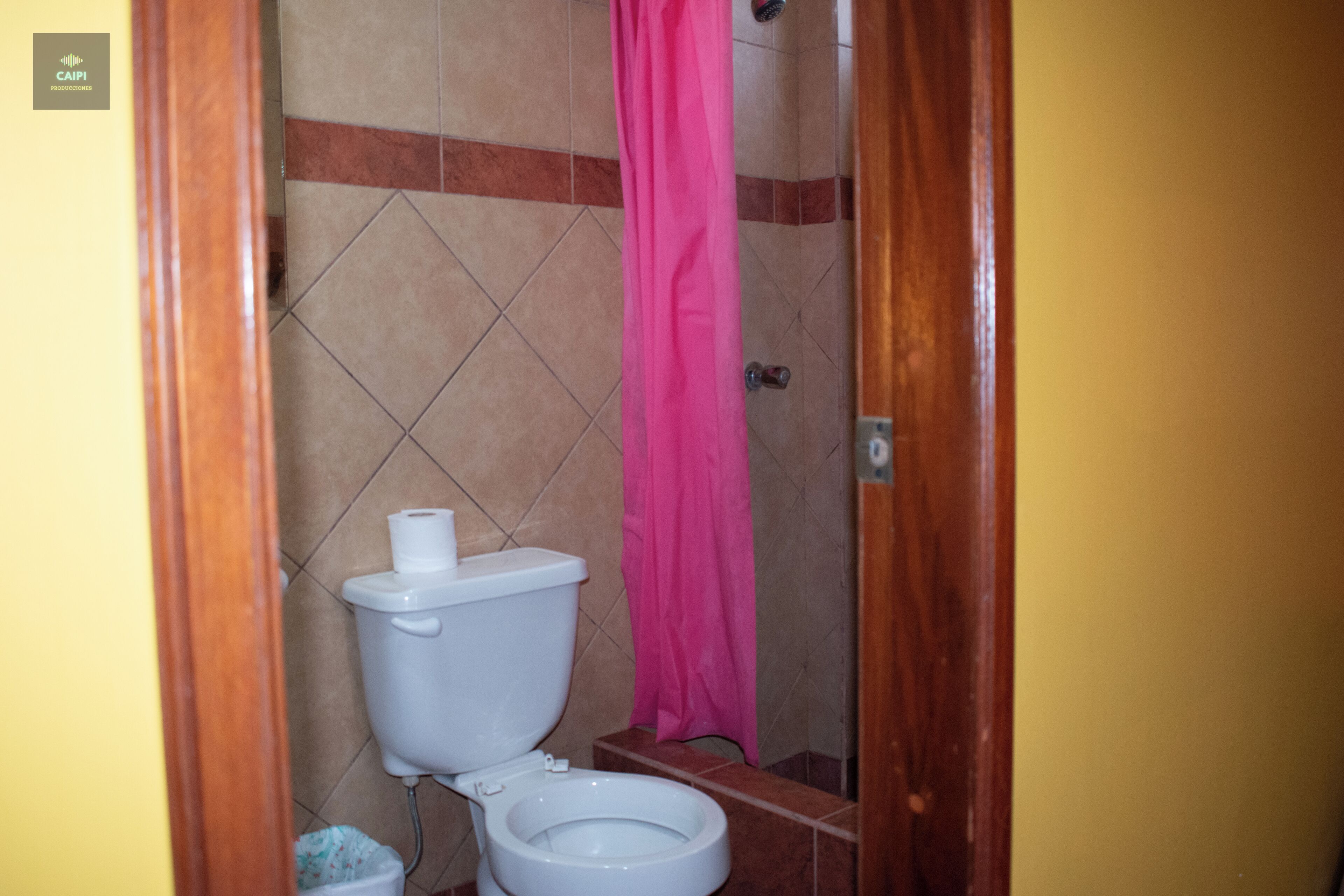 A bathroom with a toilet, a pink shower curtain, and tiled walls.