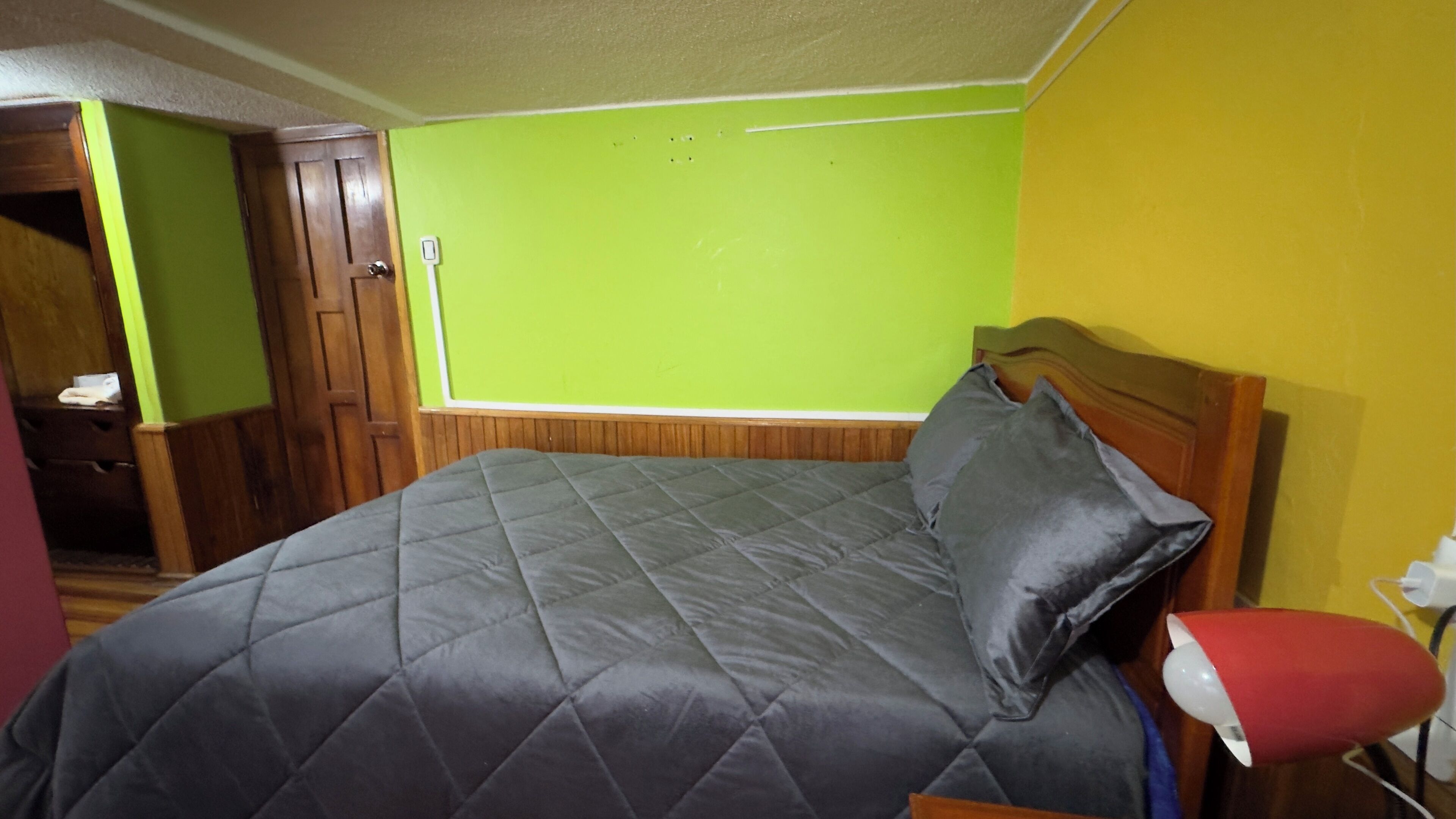 A room with a bed, green walls, a wooden door, and a red lamp.