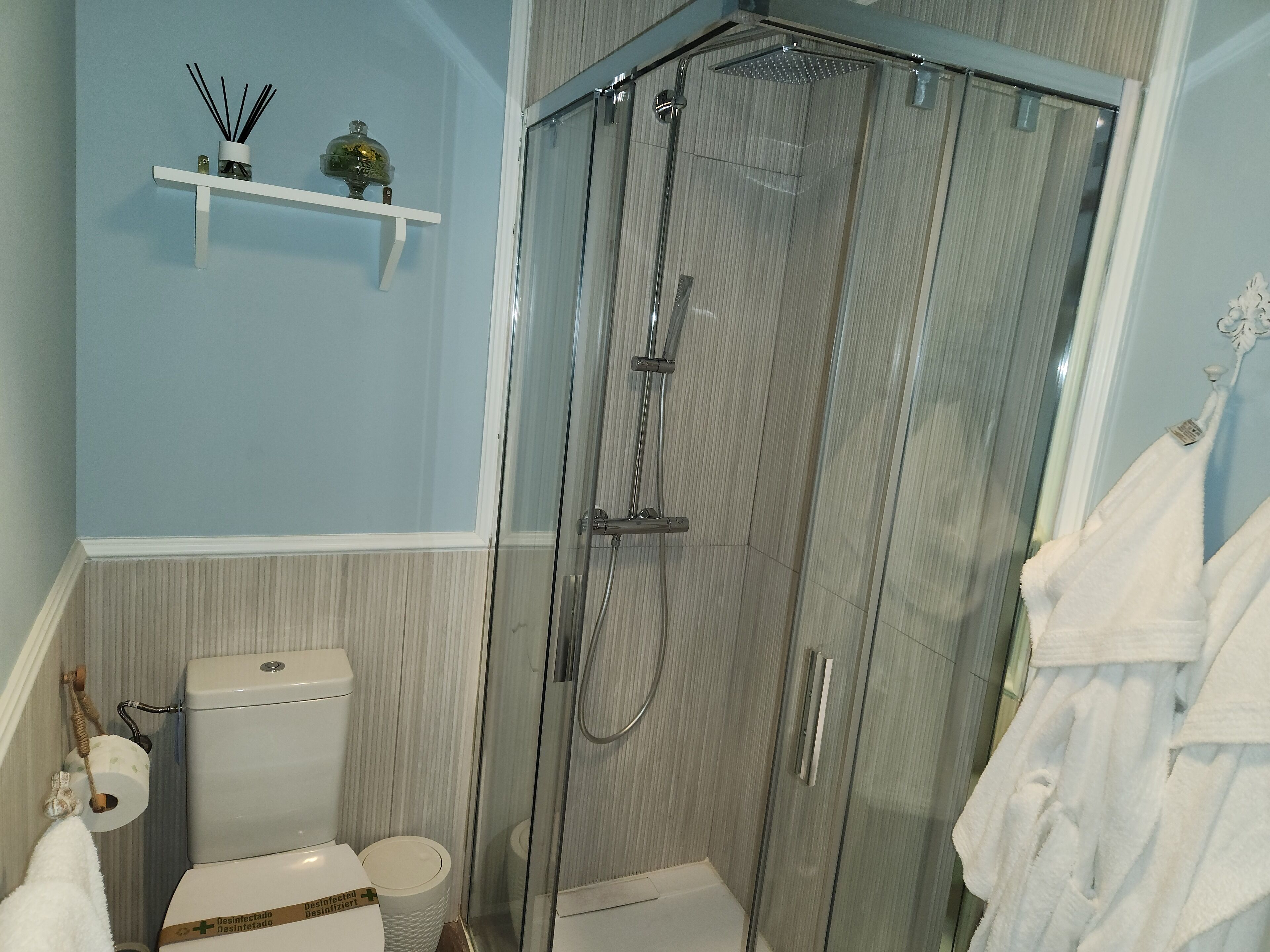Un baño con ducha de vidrio, inodoro, lavabo y perchero para toallas.