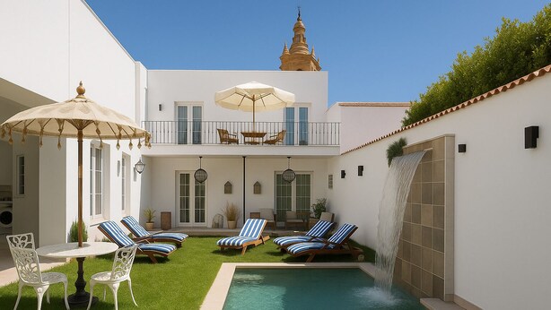 Ein Poolbereich mit Liegestühlen, einem Tisch und Sonnenschirmen. Es gibt eine Wasserfallanlage und ein Gebäude mit einem Balkon im Hintergrund.