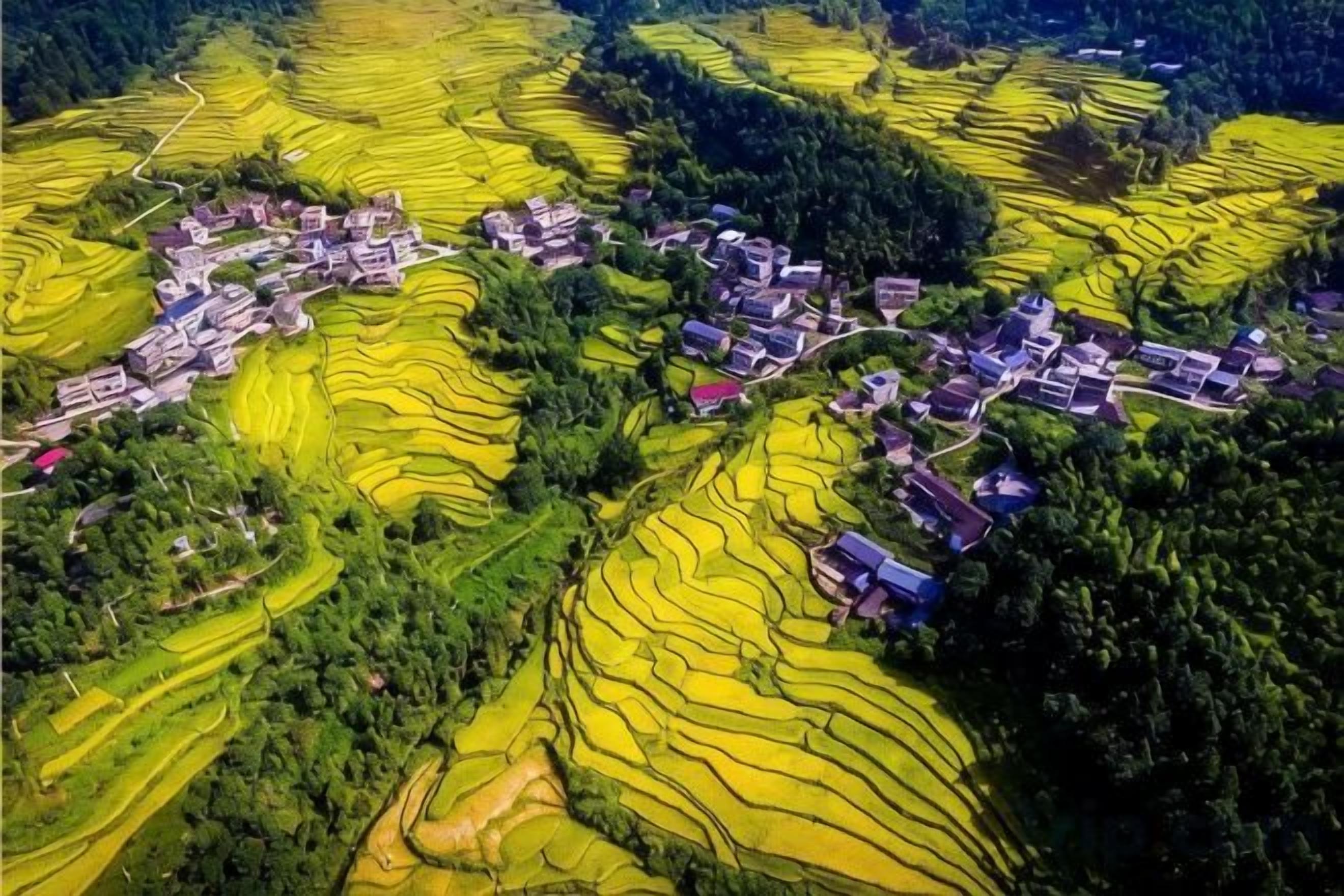 A village with terraced fields and houses.