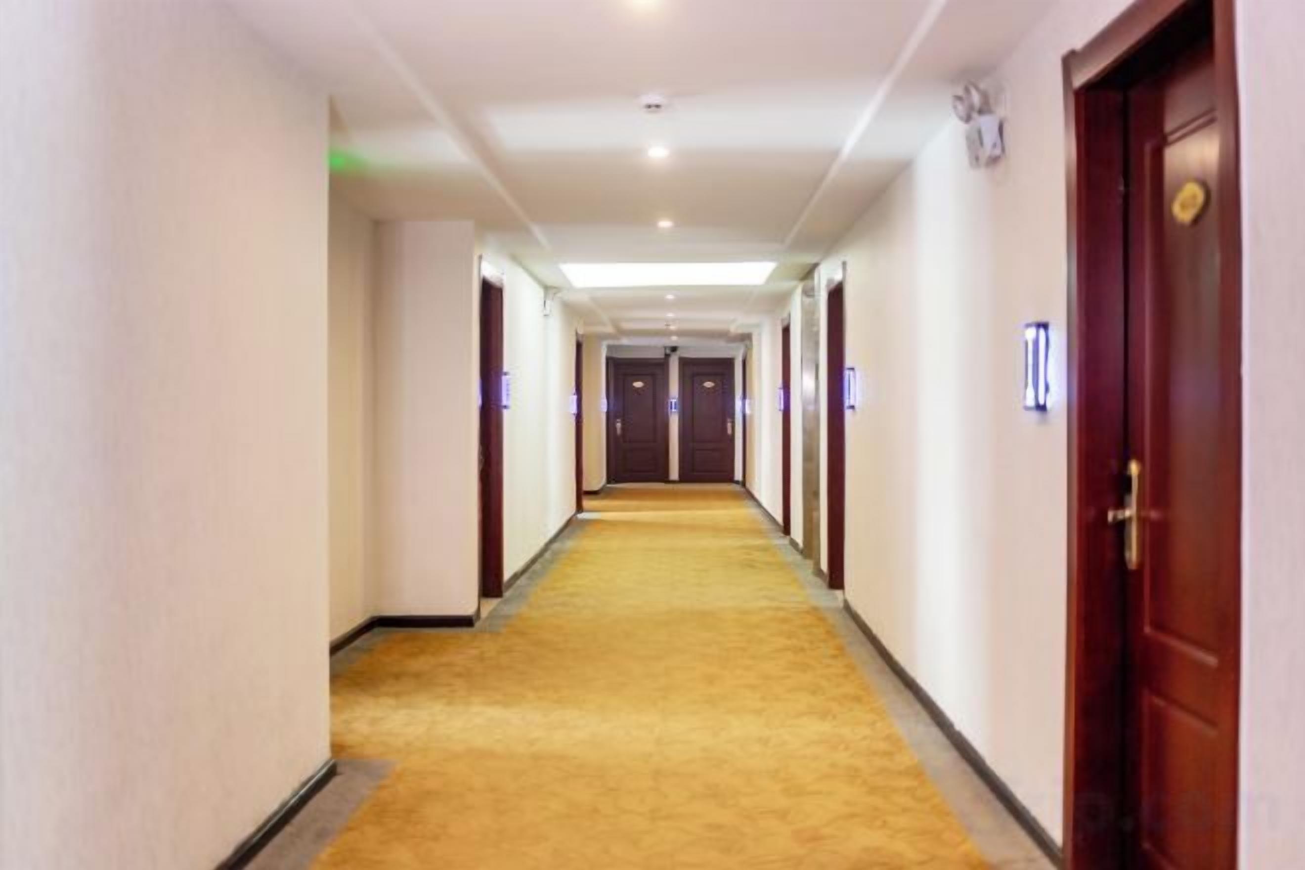 A hotel corridor with doors on both sides, carpeted floor, and a wooden door on the right.