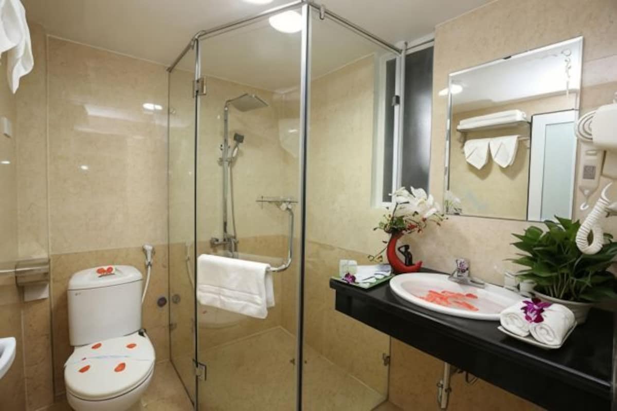 Une salle de bain avec une douche à parois de verre, des toilettes, un lavabo et un miroir.