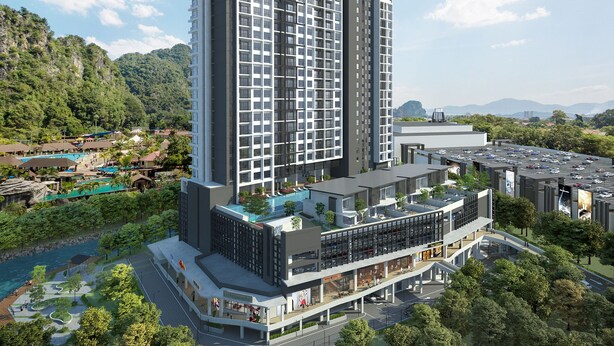 Un grand hôtel, appelé SUNWAY, comprenant de nombreux étages, une piscine sur le toit et un espace commercial avec des boutiques.