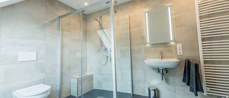 A modern bathroom with a glass shower enclosure, a toilet, a sink, and a towel rack.