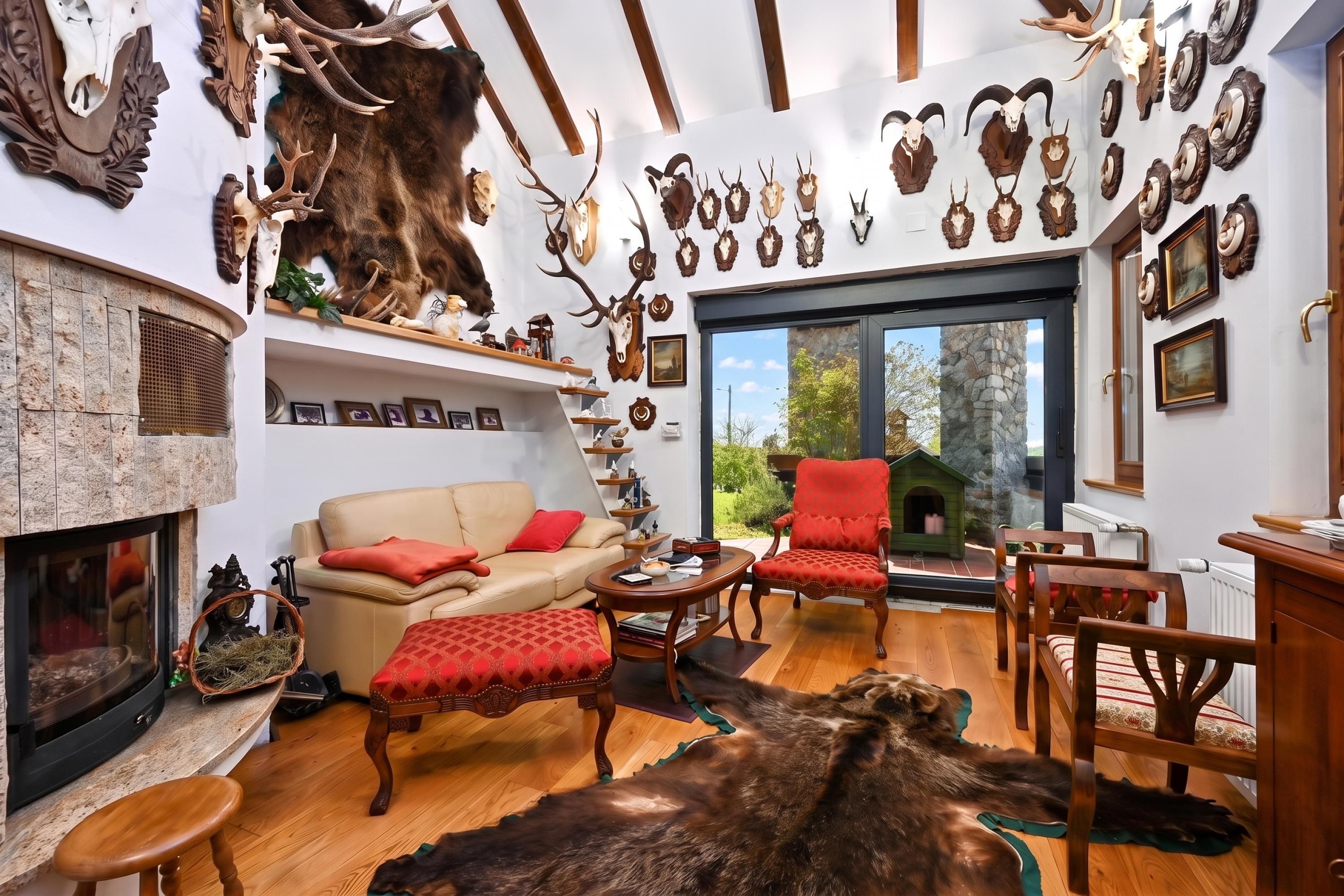A room with a fireplace, a sofa, a red armchair, and a dining table.