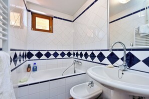 Een bad/douchecombinatie, een haardroger, een bidet, handdoeken