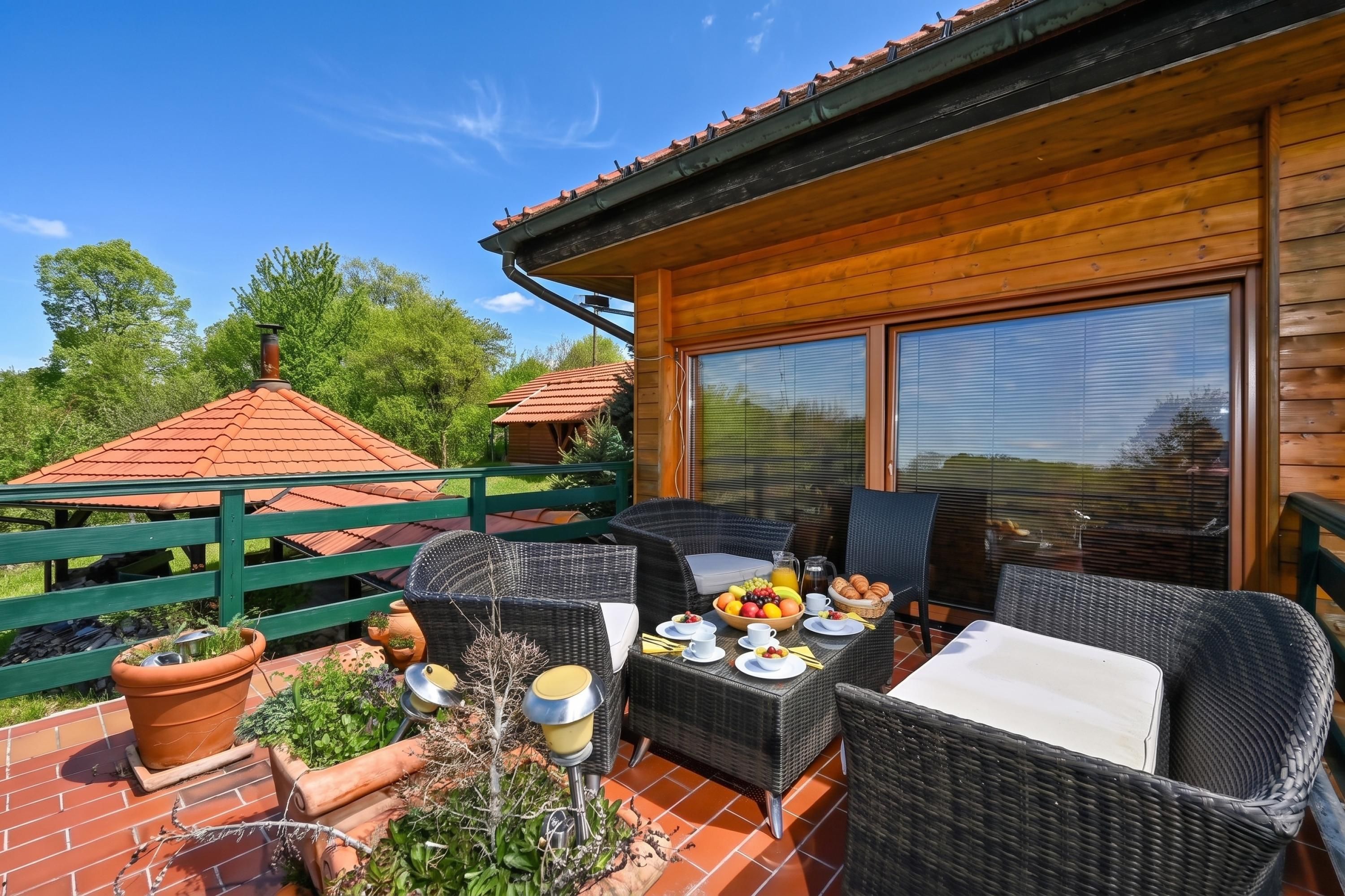 A wooden deck with outdoor furniture, a table set for breakfast, and a view of the surrounding greenery.