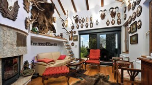 A room with a fireplace, a sofa, a red armchair, and a dining table. - Hunting Lodge Hills Retreat, Ribnjačka, Croatia (Ribnjačka)