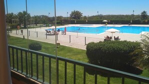 A view of a swimming pool with a netted area, surrounded by palm trees and a well-maintained lawn. - Apartment Los Pelicanos (Ayamonte)