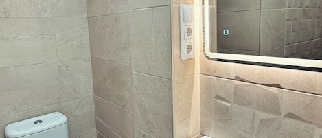 A bathroom with a toilet, a sink, and a mirror.
