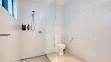 A modern bathroom with a glass shower enclosure, a toilet, and two bottles of toiletries on the wall.