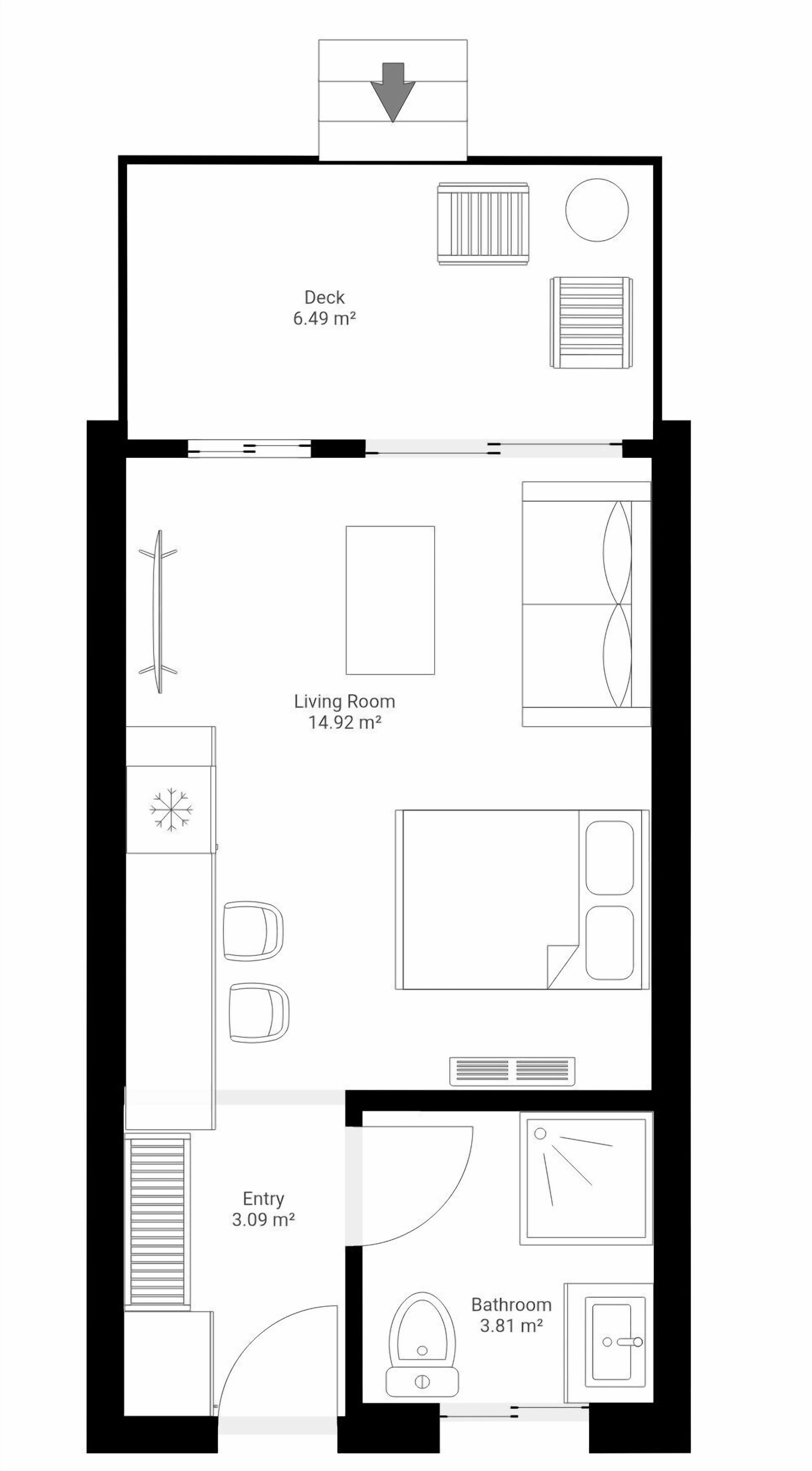 A floor plan with a deck (6.49 m²), living room (14.92 m²), entry (3.09 m²), and bathroom (3.81 m²).